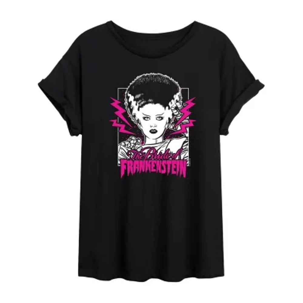 Juniors Frankenstein And Bride Heart Tee Womens Crew Neck Short Sleeve Graphic T-Shirt