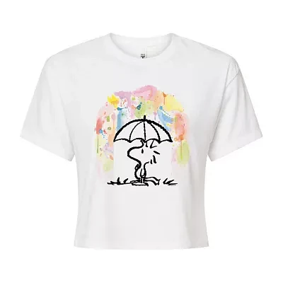 Juniors Umbrella Woodstock Cropped Tee Womens Crew Neck Long Sleeve Peanuts Graphic T-Shirt