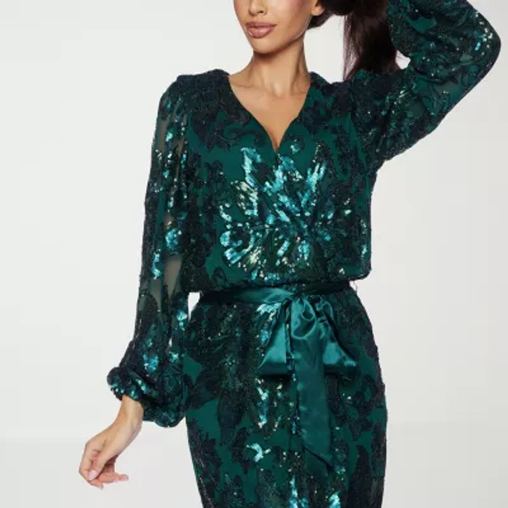 Premier Amour Womens Long Sleeve Sequin Floral Wrap Dress