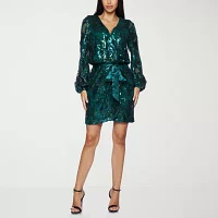 Premier Amour Womens Long Sleeve Sequin Floral Wrap Dress