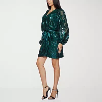 Premier Amour Womens Long Sleeve Sequin Floral Wrap Dress