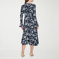 Marc New York Womens Long Sleeve Floral Midi Fit + Flare Dress