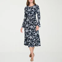 Marc New York Womens Long Sleeve Floral Midi Fit + Flare Dress