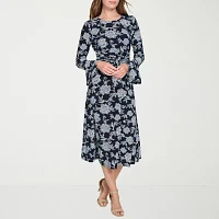 Marc New York Womens Long Sleeve Floral Midi Fit + Flare Dress