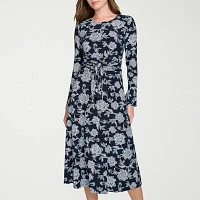 Marc New York Womens Long Sleeve Floral Midi Fit + Flare Dress