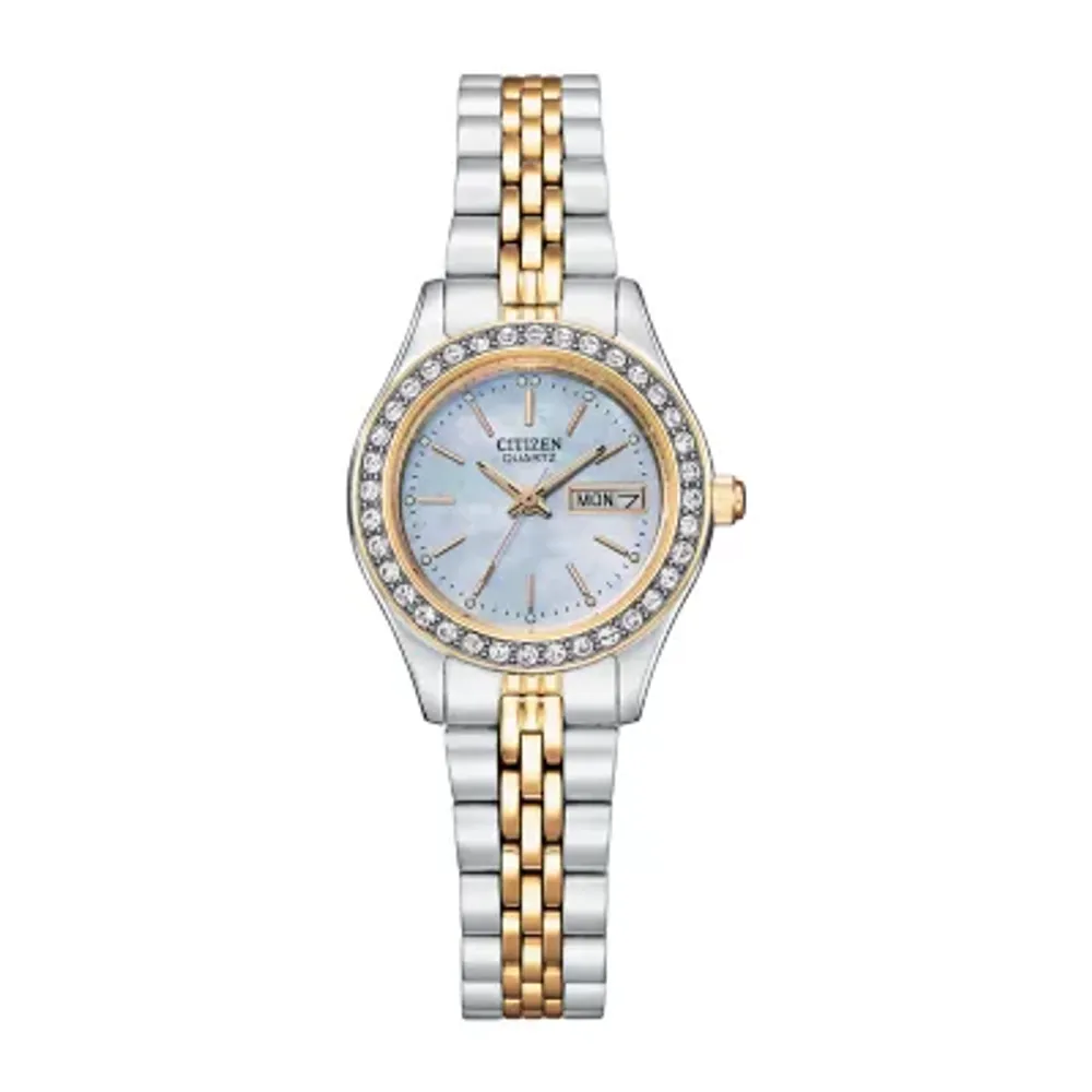 Citizen Quartz Womens Crystal Accent Two Tone Stainless Steel Bracelet Watch Eq0539-56y