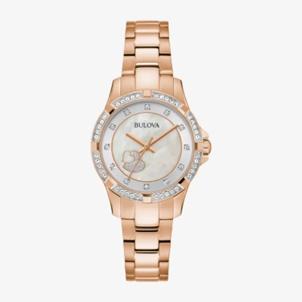 Bulova Crystal Womens Crystal Accent Rose Goldtone Stainless Steel Bracelet Watch 98l303