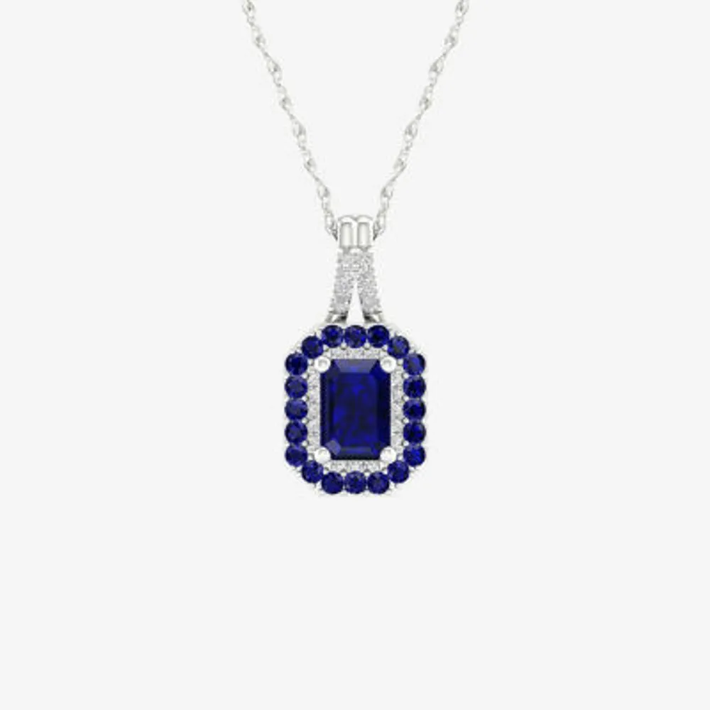 Womens Diamond Accent Genuine Blue Sapphire 10K White Gold Pendant Necklace