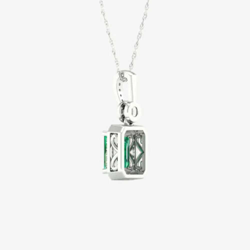 Womens Genuine Green Emerald & 1/10 CT. T.W. Genuine Diamond 10K White Gold Pendant Necklace