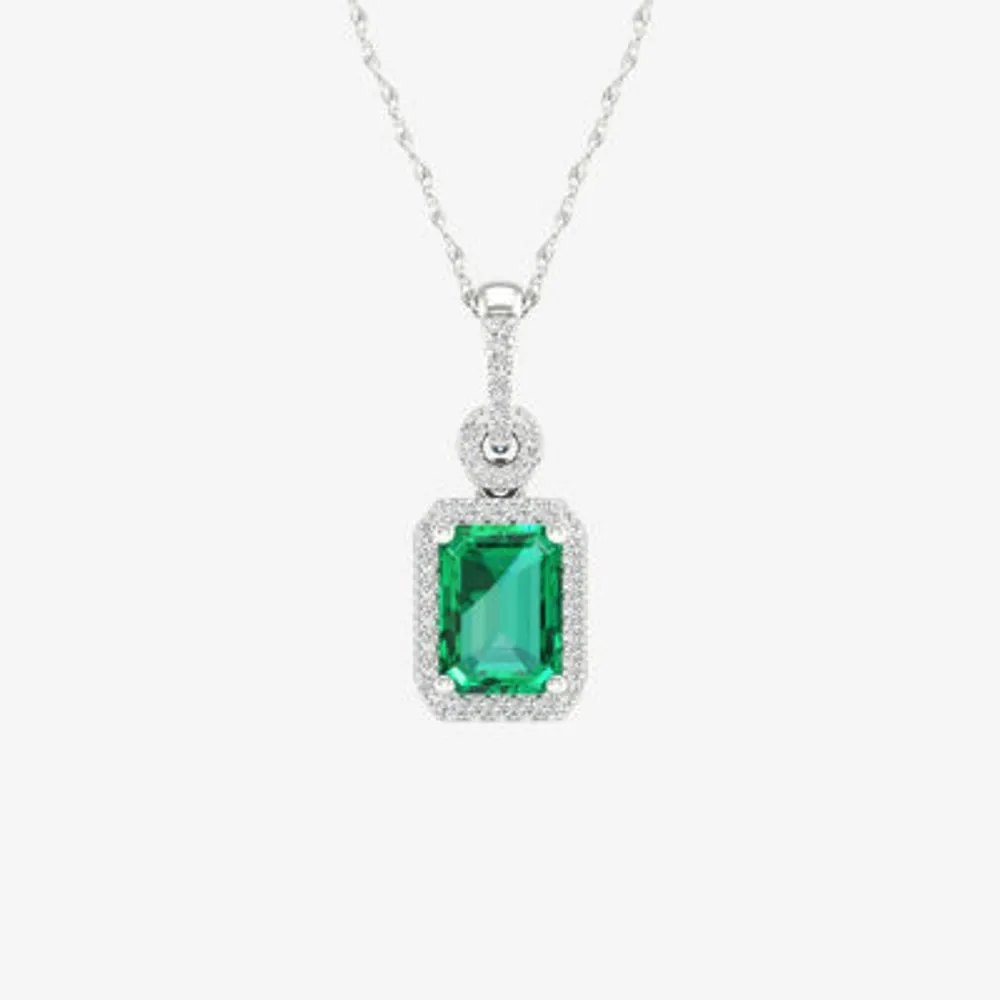 Womens Genuine Green Emerald & 1/10 CT. T.W. Genuine Diamond 10K White Gold Pendant Necklace