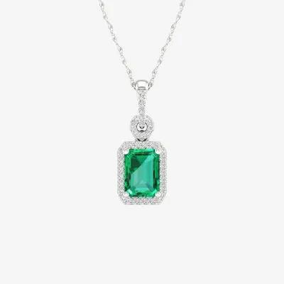 Womens Genuine Green Emerald & 1/10 CT. T.W. Genuine Diamond 10K White Gold Pendant Necklace