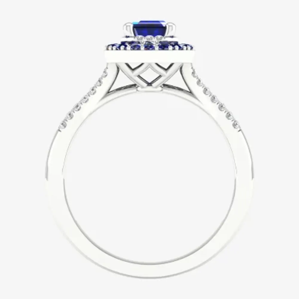 Womens Genuine Blue Sapphire  & 1/8 CT. T.W. Diamond 10K White Gold Halo Cocktail Ring