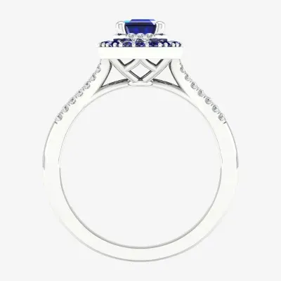 Womens Genuine Blue Sapphire  & 1/8 CT. T.W. Diamond 10K White Gold Halo Cocktail Ring