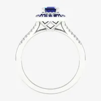 Womens Genuine Blue Sapphire  & 1/8 CT. T.W. Diamond 10K White Gold Halo Cocktail Ring