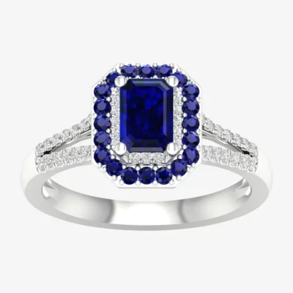 Womens Genuine Blue Sapphire  & 1/8 CT. T.W. Diamond 10K White Gold Halo Cocktail Ring