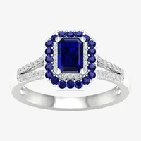 Womens Genuine Blue Sapphire  & 1/8 CT. T.W. Diamond 10K White Gold Halo Cocktail Ring