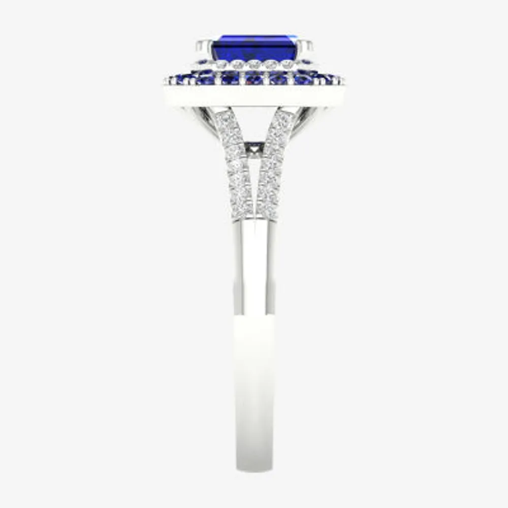 Womens Genuine Blue Sapphire  & 1/8 CT. T.W. Diamond 10K White Gold Halo Cocktail Ring