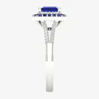 Womens Genuine Blue Sapphire  & 1/8 CT. T.W. Diamond 10K White Gold Halo Cocktail Ring