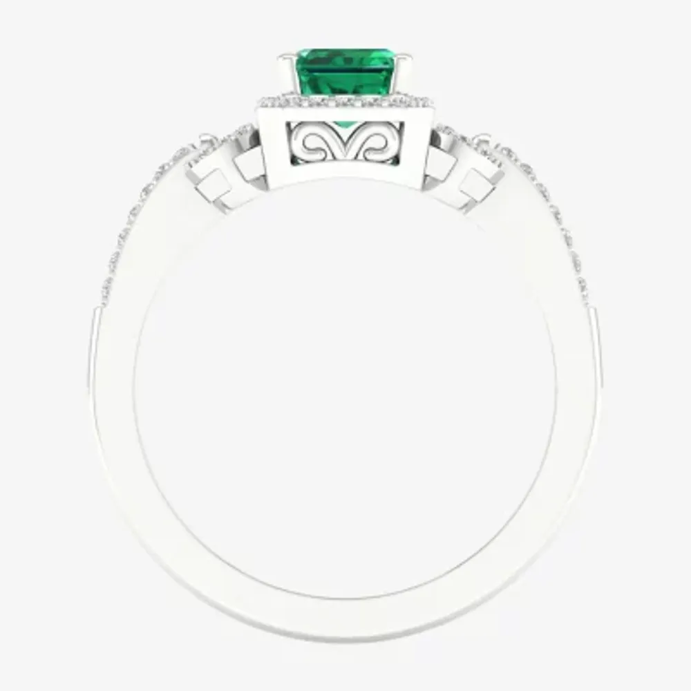 Womens Genuine Green Emerald & 1/6 CT. T.W. Diamond 10K White Gold Halo Cocktail Ring