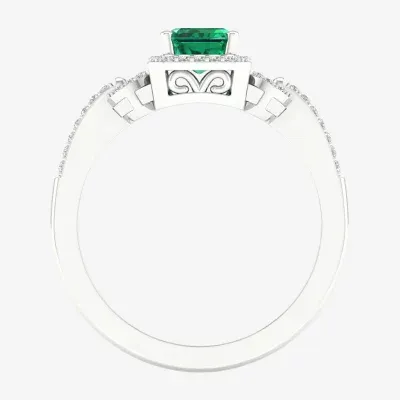 Womens Genuine Green Emerald & 1/6 CT. T.W. Diamond 10K White Gold Halo Cocktail Ring