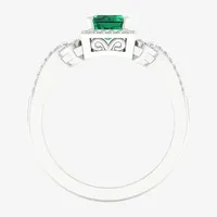 Womens Genuine Green Emerald & 1/6 CT. T.W. Diamond 10K White Gold Halo Cocktail Ring