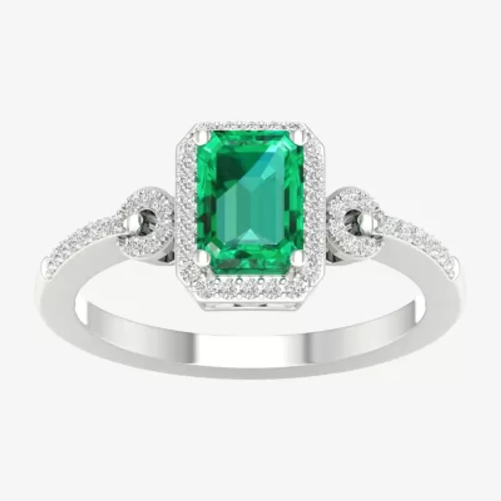 Womens Genuine Green Emerald & 1/6 CT. T.W. Diamond 10K White Gold Halo Cocktail Ring