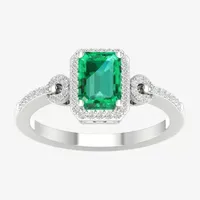 Womens Genuine Green Emerald & 1/6 CT. T.W. Diamond 10K White Gold Halo Cocktail Ring