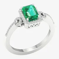 Womens Genuine Green Emerald & 1/6 CT. T.W. Diamond 10K White Gold Halo Cocktail Ring