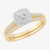 H-I / Si1-Si2) Womens 1/ CT. T.W. Lab Grown White Diamond 10K or 14K Gold Cushion Side Stone Halo Bridal Set