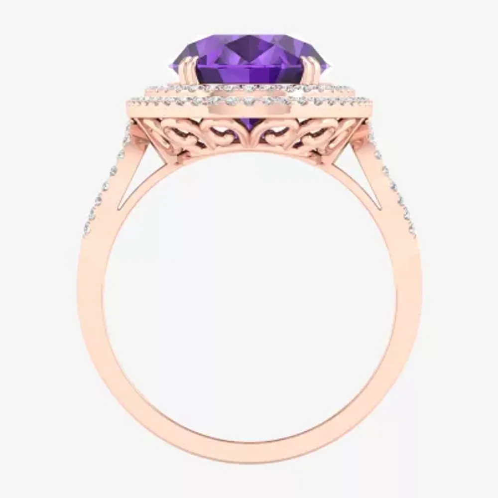 Womens Genuine Purple Amethyst & 1/3 CT. T.W.  Mined White Diamond 10K Rose Gold Halo Cocktail Ring