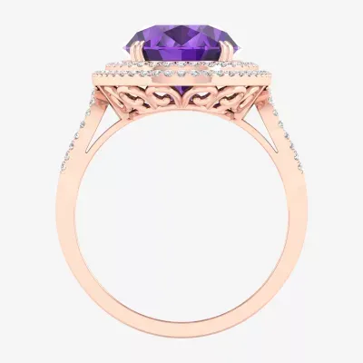 Womens Genuine Purple Amethyst & 1/3 CT. T.W.  Mined White Diamond 10K Rose Gold Halo Cocktail Ring