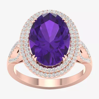 Womens Genuine Purple Amethyst & 1/ CT. T.W. Mined White Diamond 10K Rose Gold Halo Cocktail Ring