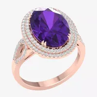 Womens Genuine Purple Amethyst & 1/3 CT. T.W.  Mined White Diamond 10K Rose Gold Halo Cocktail Ring
