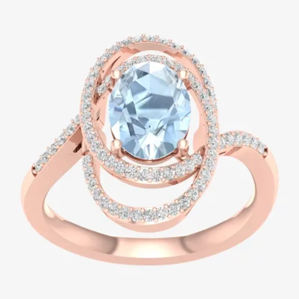 Womens 1/4 CT. T.W. Genuine Blue Aquamarine 10K Rose Gold Halo Cocktail Ring