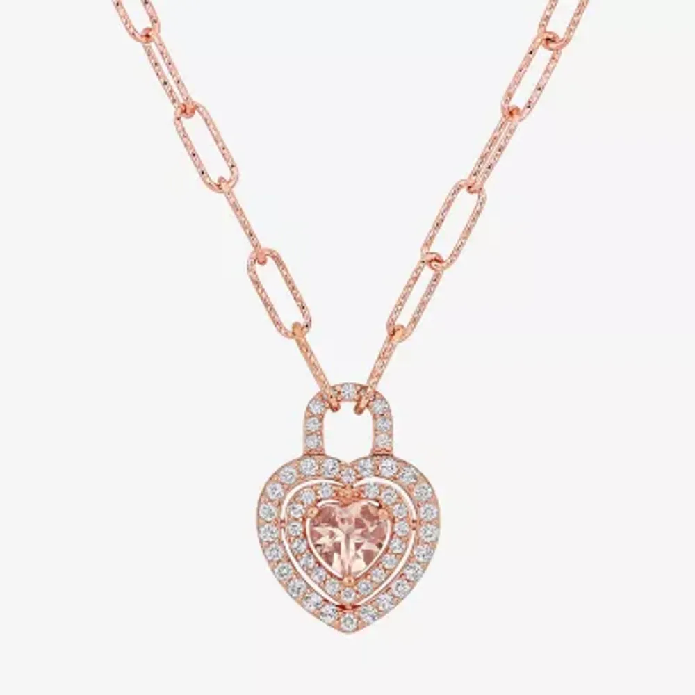 Womens Genuine Pink Morganite 18K Rose Gold Over Silver Heart Paperclip Pendant Necklaces