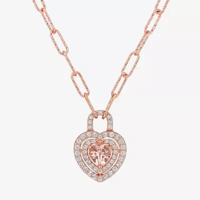 Womens Genuine Pink Morganite 18K Rose Gold Over Silver Heart Paperclip Pendant Necklaces