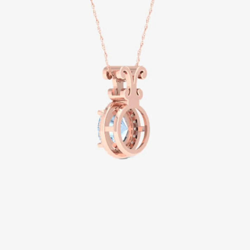 Womens Diamond Accent Genuine Blue Aquamarine 10K Rose Gold Round Pendant Necklace