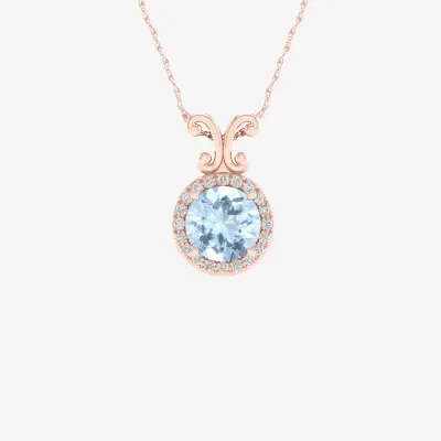 Womens Diamond Accent Genuine Blue Aquamarine 10K Rose Gold Round Pendant Necklace