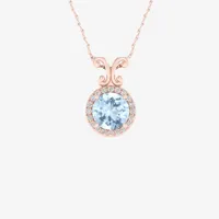 Womens Diamond Accent Genuine Blue Aquamarine 10K Rose Gold Round Pendant Necklace