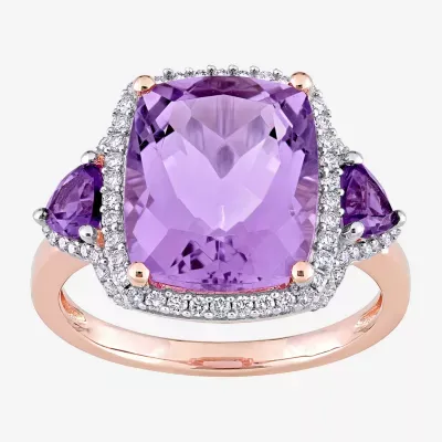 Womens Genuine Purple Amethyst 14K Rose Gold Halo Cocktail Ring