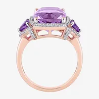 Womens Genuine Purple Amethyst 14K Rose Gold Halo Cocktail Ring