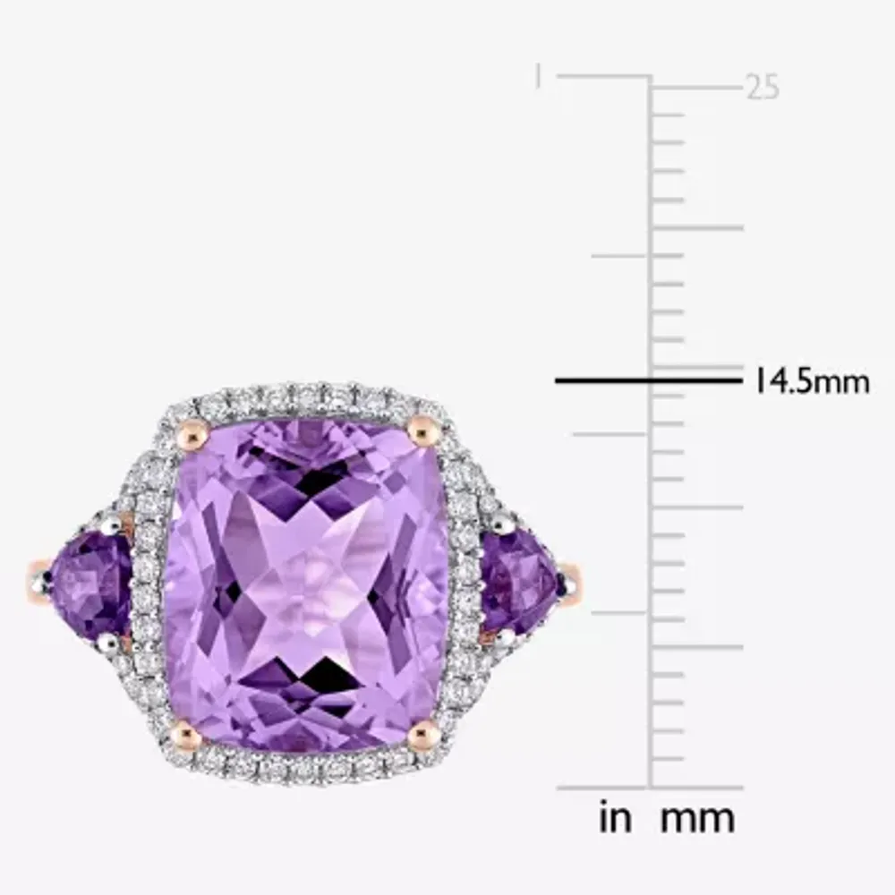 Womens Genuine Purple Amethyst 14K Rose Gold Halo Cocktail Ring