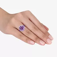 Womens Genuine Purple Amethyst 14K Rose Gold Halo Cocktail Ring