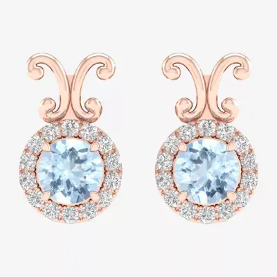 Diamond Accent Genuine Blue Aquamarine 10K Rose Gold 10.5mm Round Stud Earrings