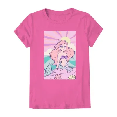 Disney Collection Little & Big Girls Crew Neck The Mermaid Ariel Princess Short Sleeve Graphic T-Shirt