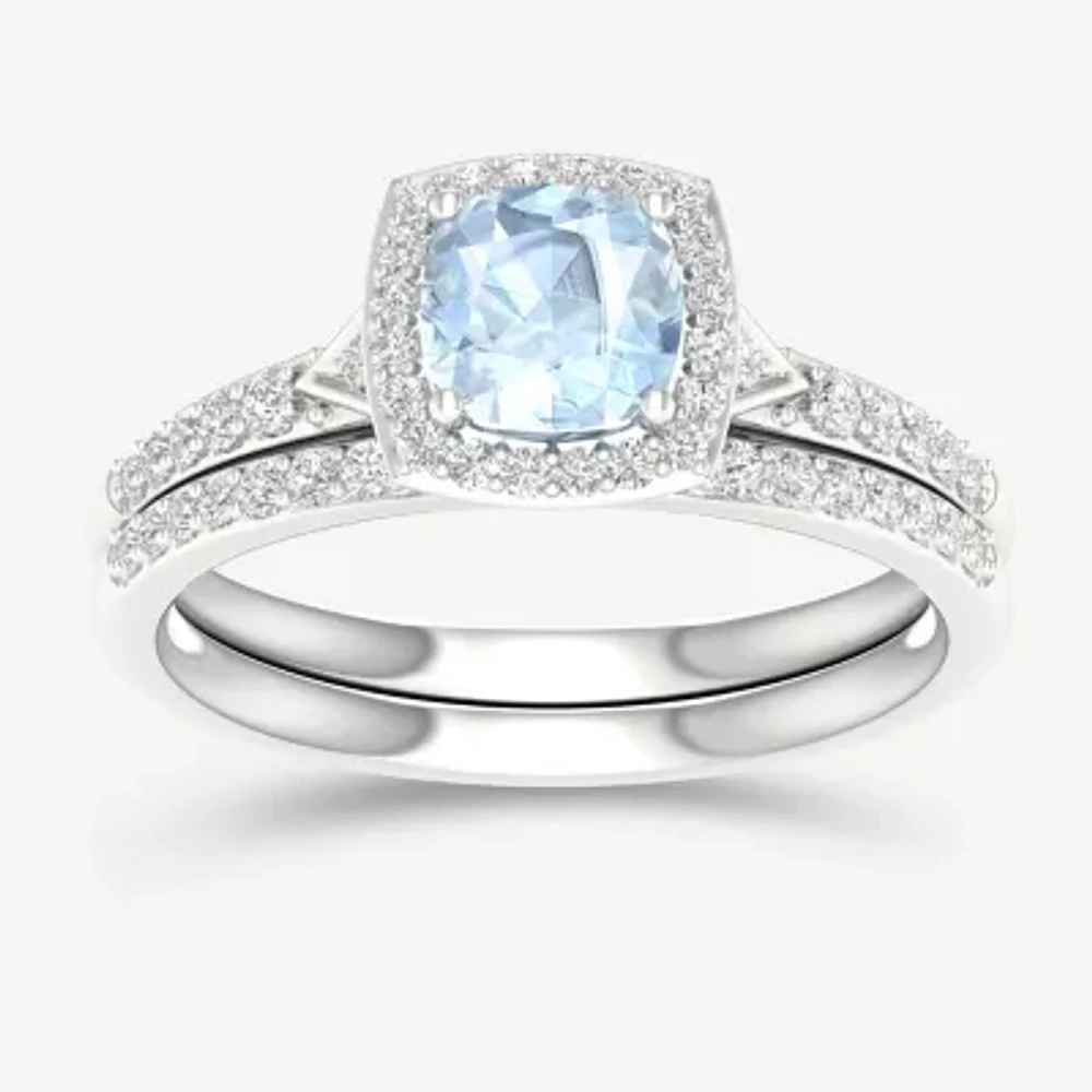 Modern Bride Gemstone Womens 1/3 CT. T.W. Genuine Blue Aquamarine 10K White Gold Cushion Halo Bridal Set