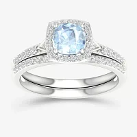 Modern Bride Gemstone Womens 1/3 CT. T.W. Genuine Blue Aquamarine 10K White Gold Cushion Halo Bridal Set