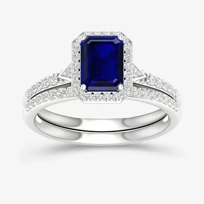 Modern Bride Gemstone Womens 1/3 CT. T.W. Genuine Blue Sapphire 10K White Gold Halo Bridal Set