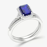 Modern Bride Gemstone Womens 1/3 CT. T.W. Genuine Blue Sapphire 10K White Gold Halo Bridal Set