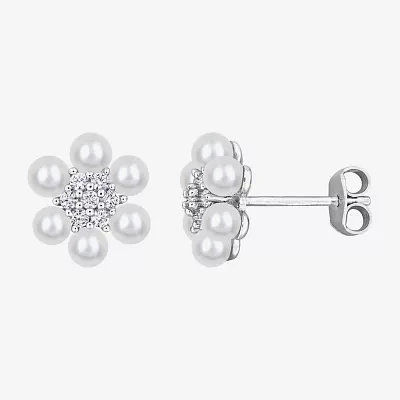 White Cultured Freshwater Pearl Sterling Silver 11mm Flower Stud Earrings